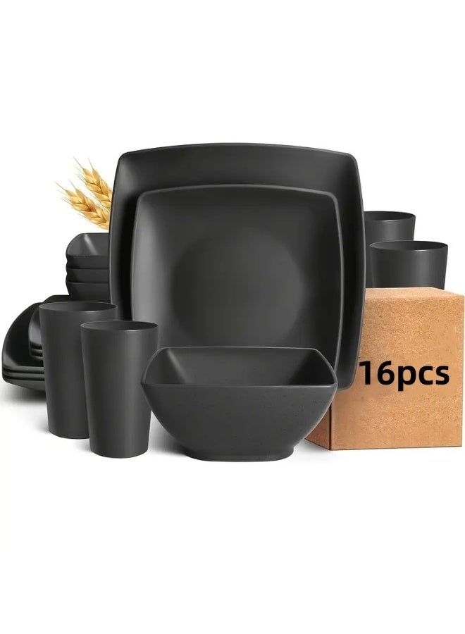 16-Piece Plastic Tableware Set, Including Plates, Bowls, And Cups For 4 People, Square Plates And Salad Bowls, Perfect For Home Use And As A Gift(Black) - Image 1